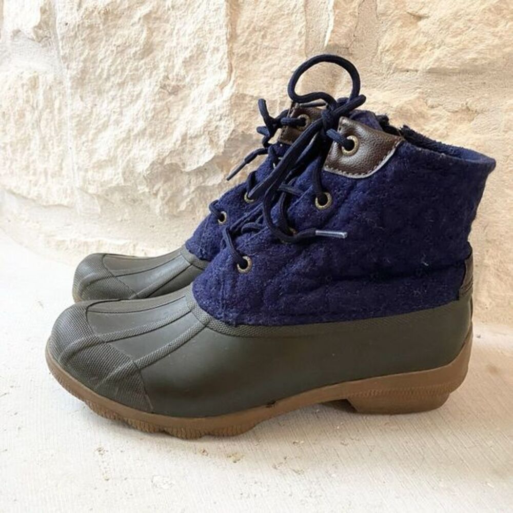 Sperry Saltwater Quilted Wedge Tide Wool Blue Brown Duck Boots Women Size 6.5